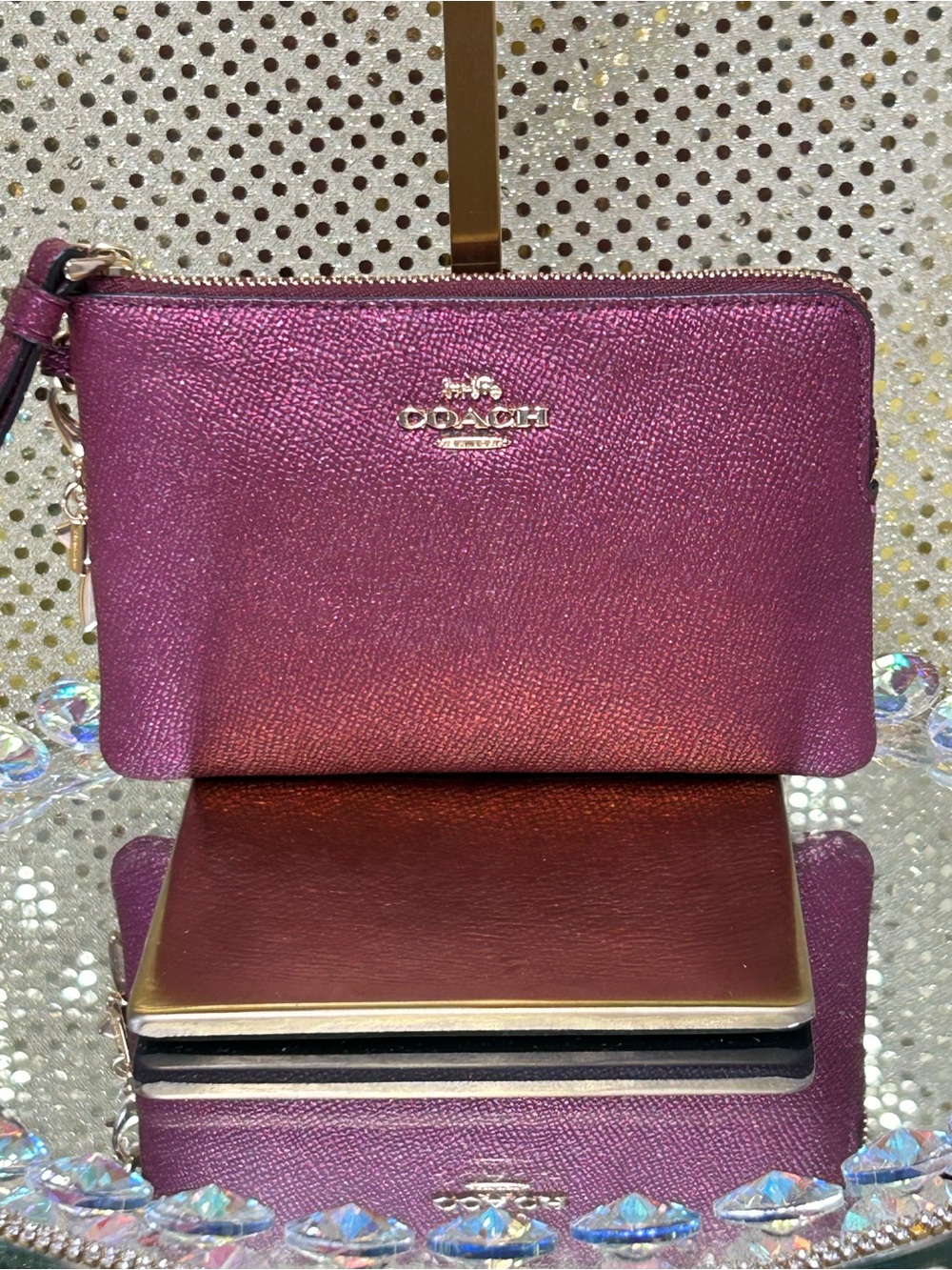 Coach Metallic Magenta Leather Wristlet Pouch Approximately 6 x 4